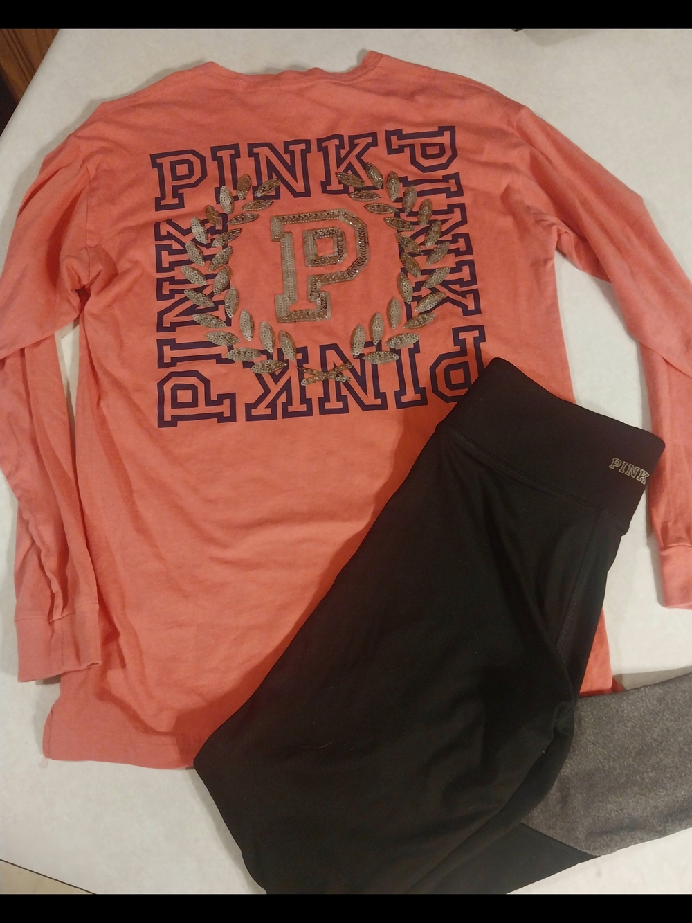 PINK Victoria's Secret Coral Long Sleeve Tee with Black Logo